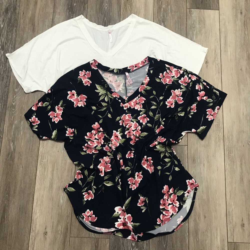 2 cool melon blue floral & all white tee’s
